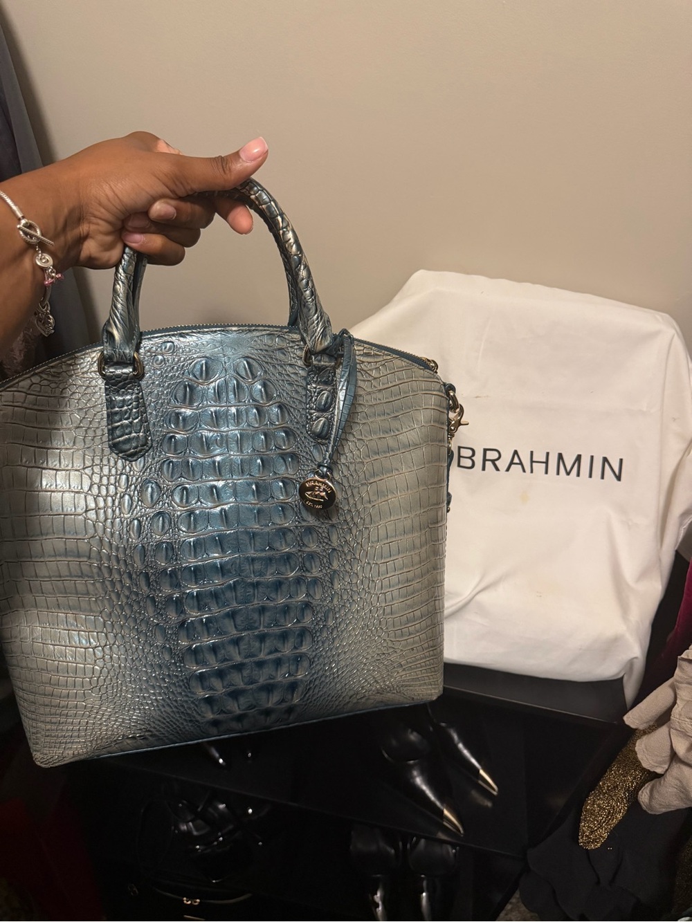 Brahmin Metallic Blue Croc-Embossed Leather Satchel